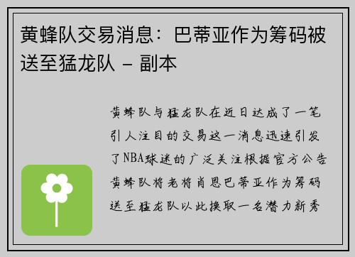 黄蜂队交易消息：巴蒂亚作为筹码被送至猛龙队 - 副本