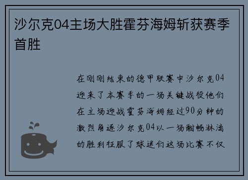 沙尔克04主场大胜霍芬海姆斩获赛季首胜