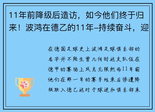 11年前降级后造访，如今他们终于归来！波鸿在德乙的11年-持续奋斗，迎接重生