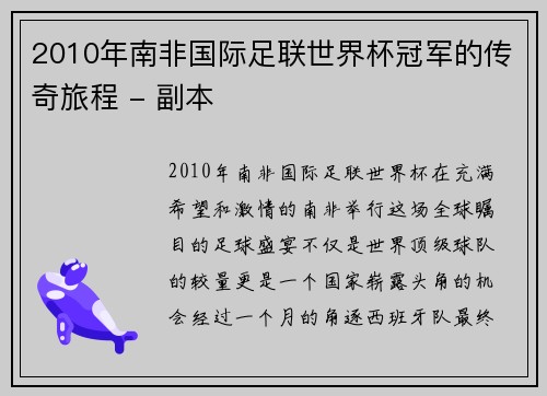 2010年南非国际足联世界杯冠军的传奇旅程 - 副本