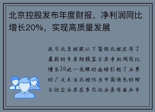 北京控股发布年度财报，净利润同比增长20%，实现高质量发展