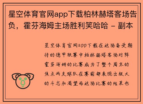 星空体育官网app下载柏林赫塔客场告负，霍芬海姆主场胜利笑哈哈 - 副本