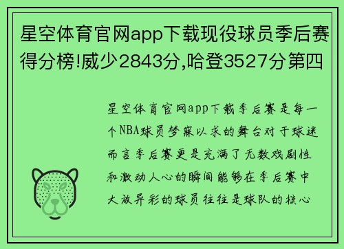 星空体育官网app下载现役球员季后赛得分榜!威少2843分,哈登3527分第四,那库里呢_